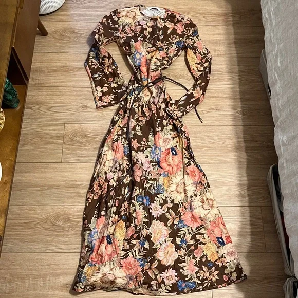 zimmermann august linen dress NWOT Zimmermann August Patch Floral Linen Wrap Mini Dress AU0 XS